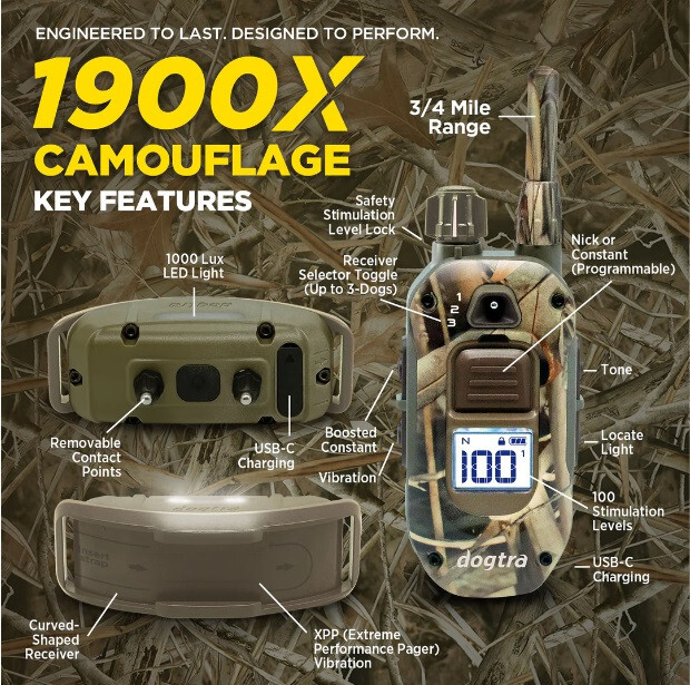 Dogtra 1900X Camouflage Dog Trainer Remote E-Collar 3/4 mi, Tone & XPP Vibration