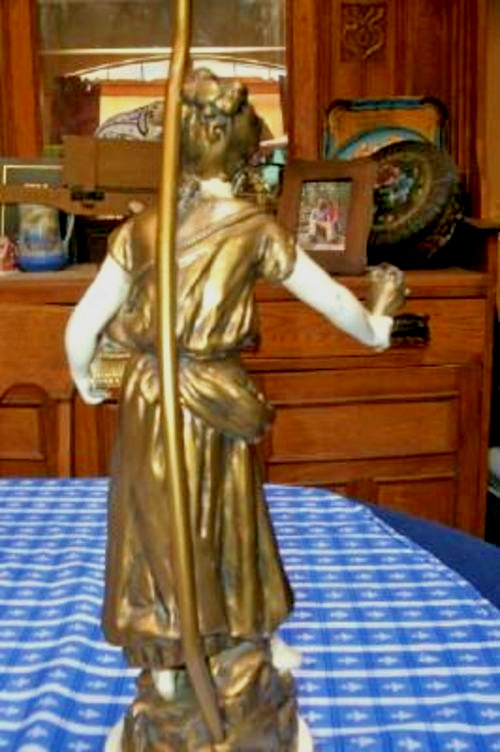 Vintage French Figural Lamps Moreau Fisherman Lady Flower Basket Bronzed Metal