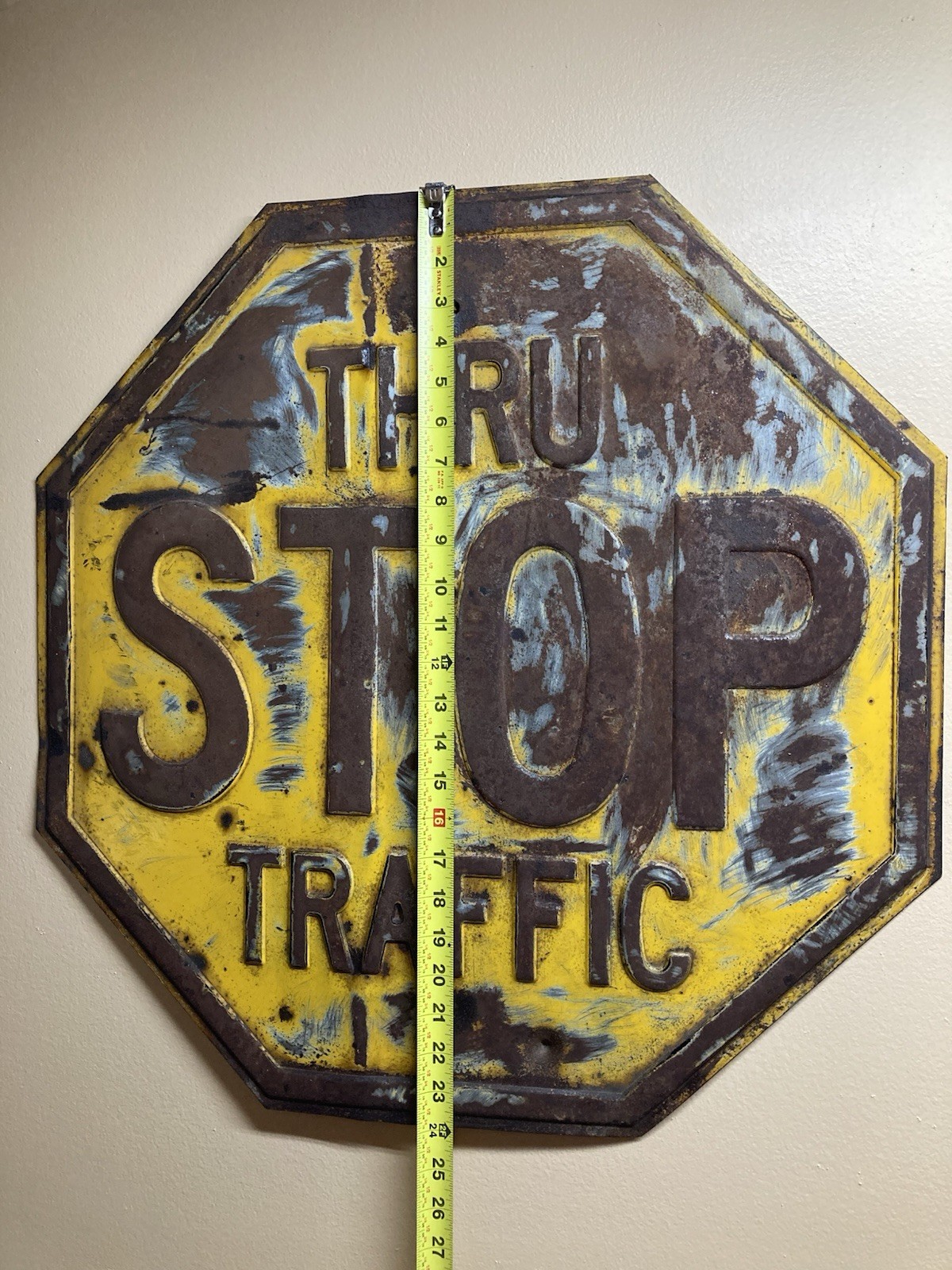 Vintage Yellow Stop Sign Embossed 24"x24" Art Deco 1930 Era