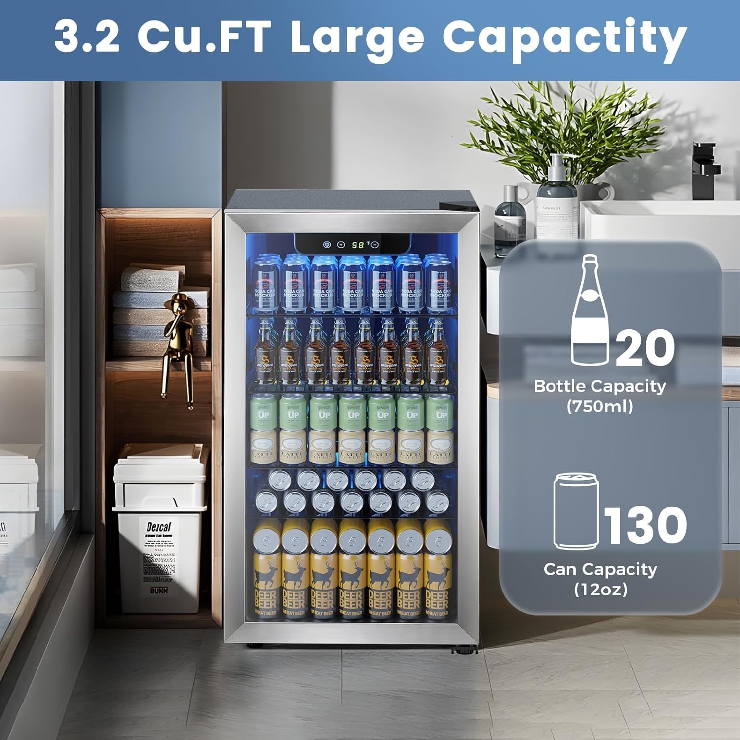 Mini Fridge 130 Can Beverage Refrigerator Cooler, 3.2 Cu.Ft Drink Fridge forSoda