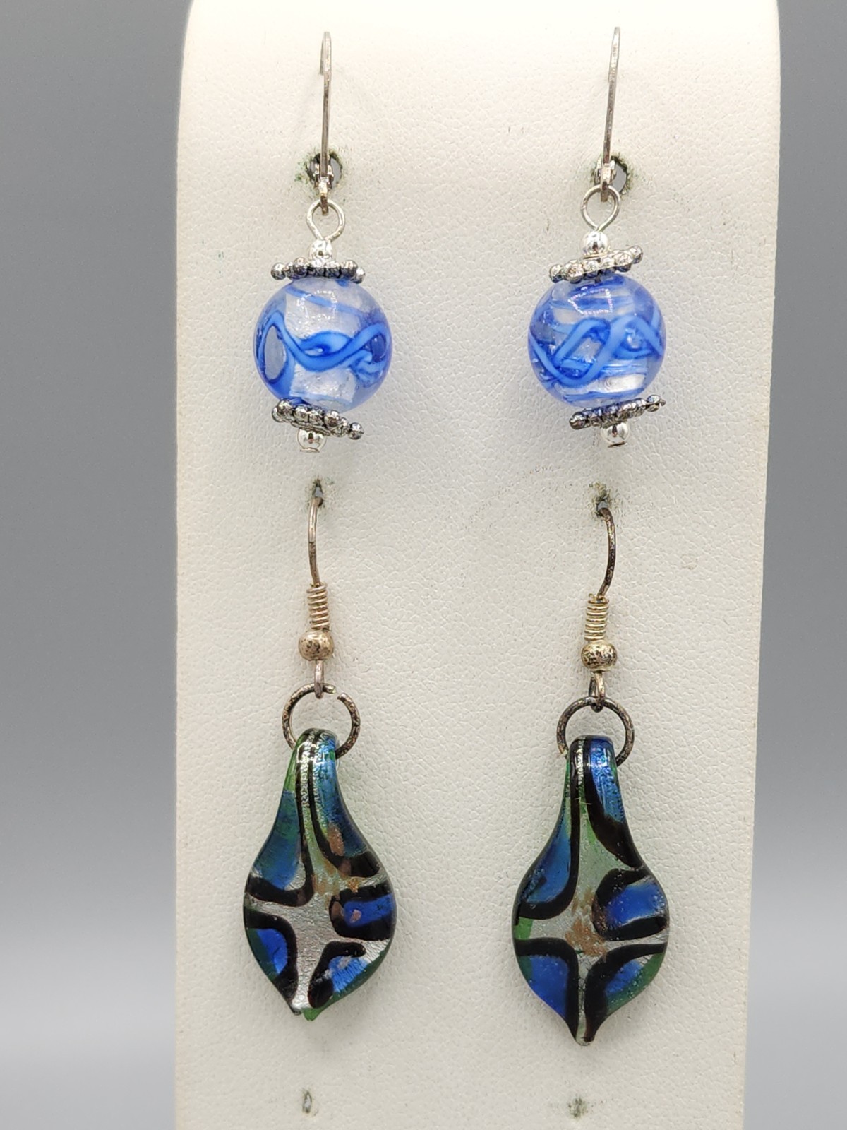 Murano Art Glass Jewelry Bundle Pendant Necklace Earrings Blue Silver Tone