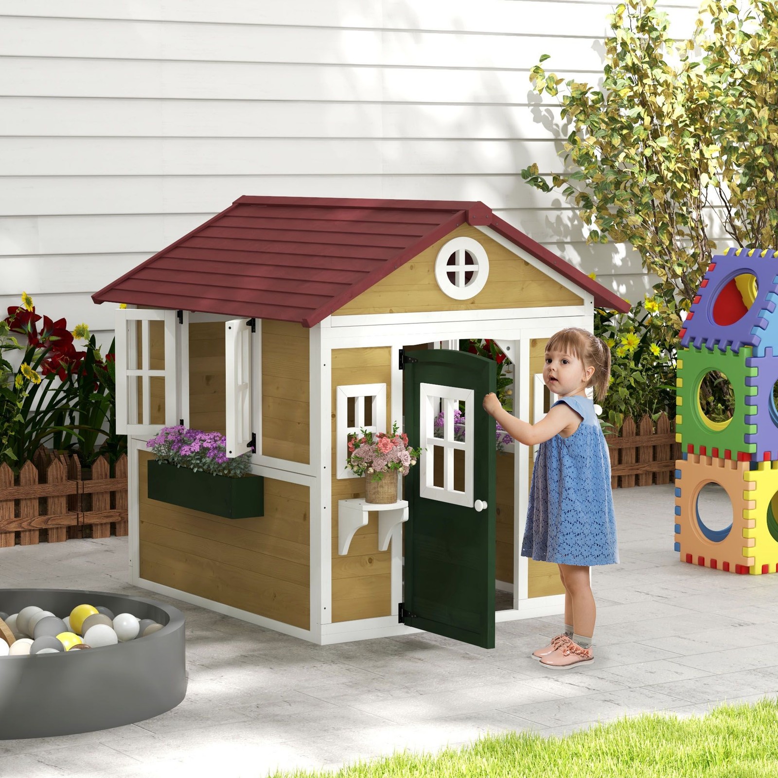 Outsunny Wooden Playhouse for Kids Outdoor, Doors, Windows, Planter Pots, Beige,