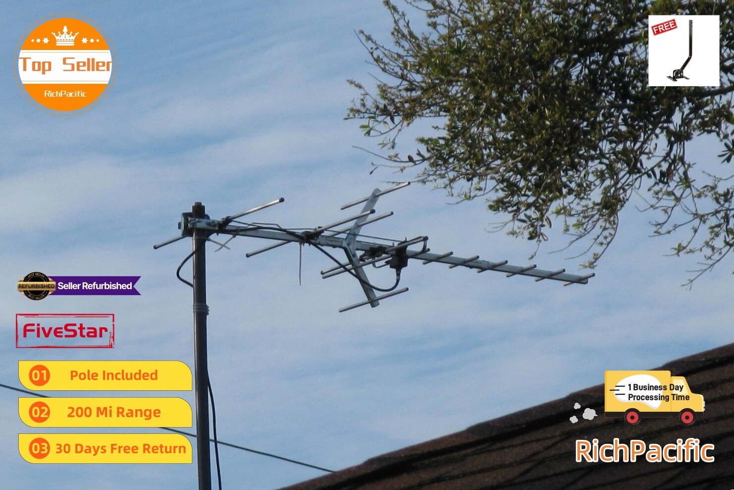 Long Range Yagi HDTV Antenna Outdoor 250 Mile UHF VHF FM Signal Booster