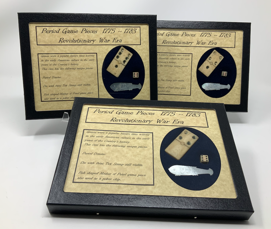 Revolutionary War Era Game Pieces Domino, Stamp Act Dice, & Poker Chip with Case
