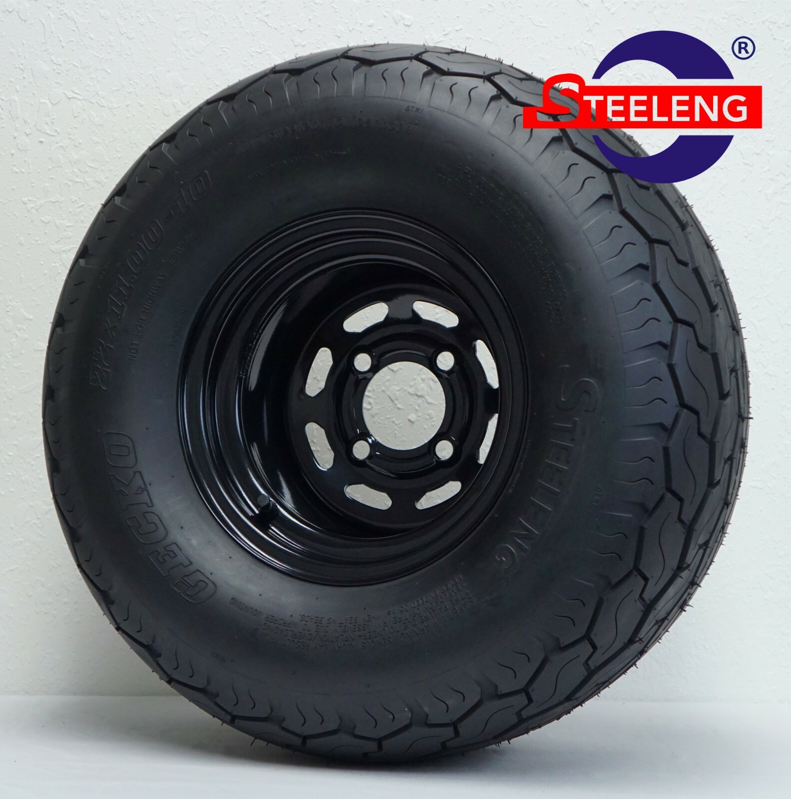 GOLF CART 10" BLACK STEEL WHEELS and 22x11-10 GECKO STREET/TURF TIRES x4