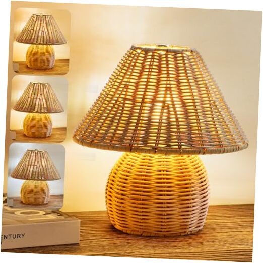 Bamboo Table Lamp Handmade Boho Rattan Bedside Lamp,3 Colors Small Brown