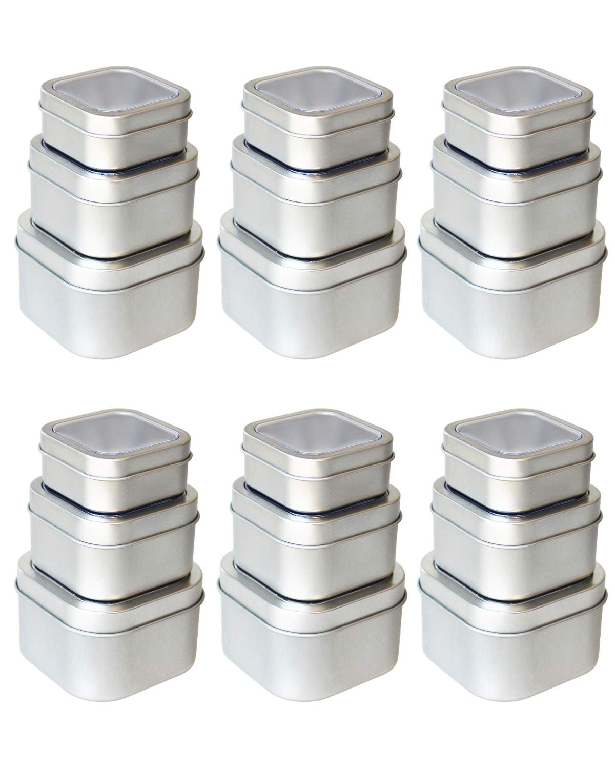 18-Pack Empty Square Silver Metal Tins with Clear Window for Candle Making, C...