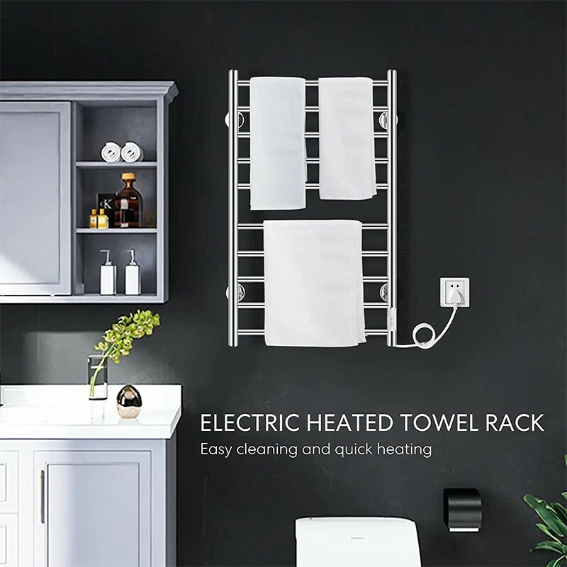 Electric Heated rack towel Warmer 10 Stainless Steel Bars Drying Bathroom silver