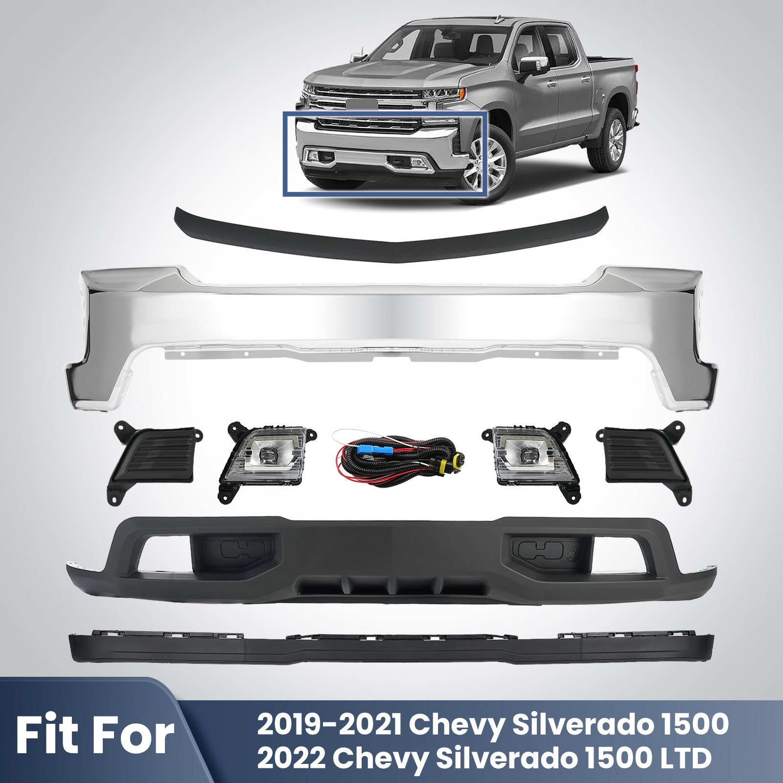 For 2019-2022 Chevy Silverado 1500 Front Bumper Cover Assembly Kit W/Fog Lights