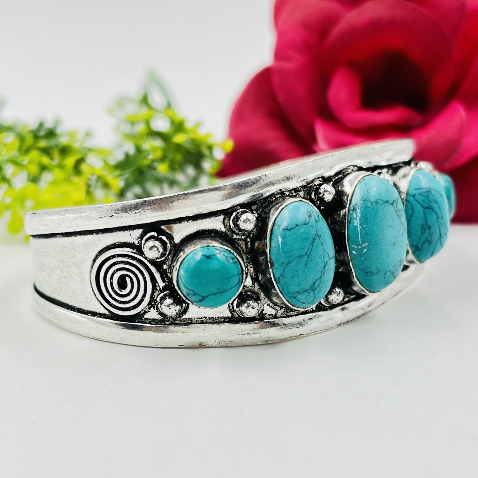 925 Sterling Silver 5 Oval Turquoise Gemstone Jewelry Handmade Cuff Bracelet
