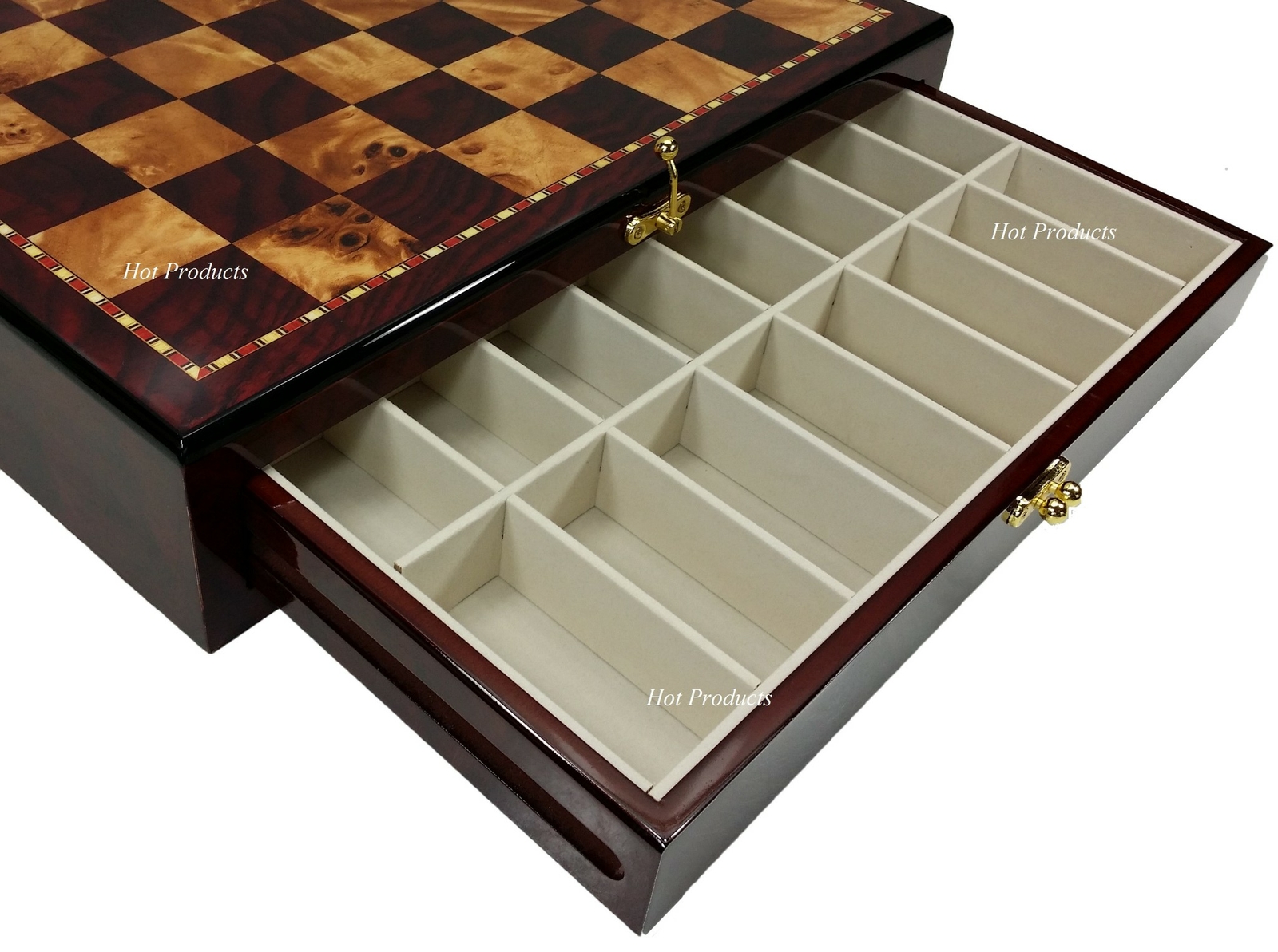 LARGE 20" Gloss Cherry Color Chess Storage Board 2 1/8" Squares 2 Drawer
