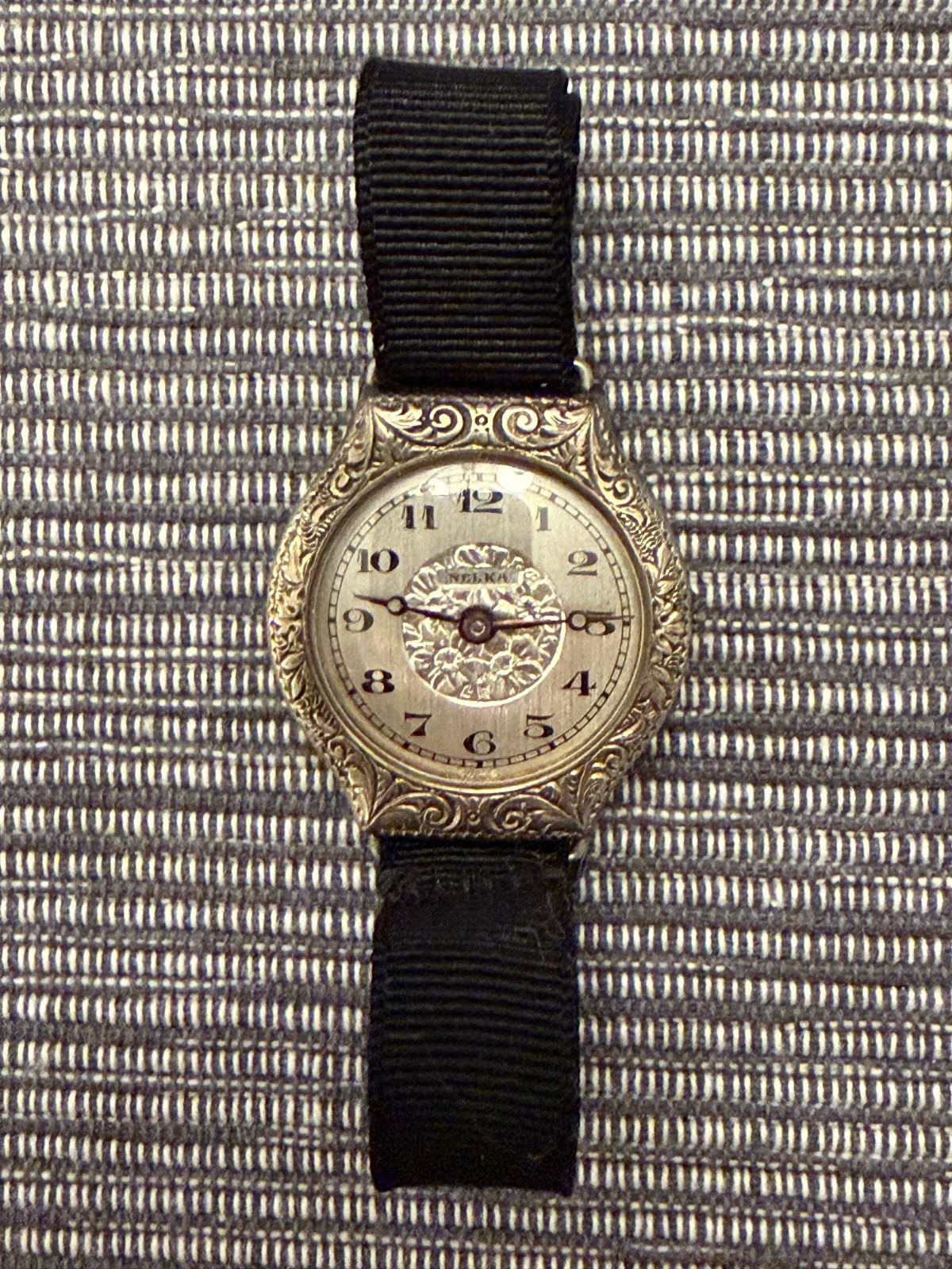 Original Art Deco Nelka Watch 1920's - Engraved Floral Pattern Face -White Gold