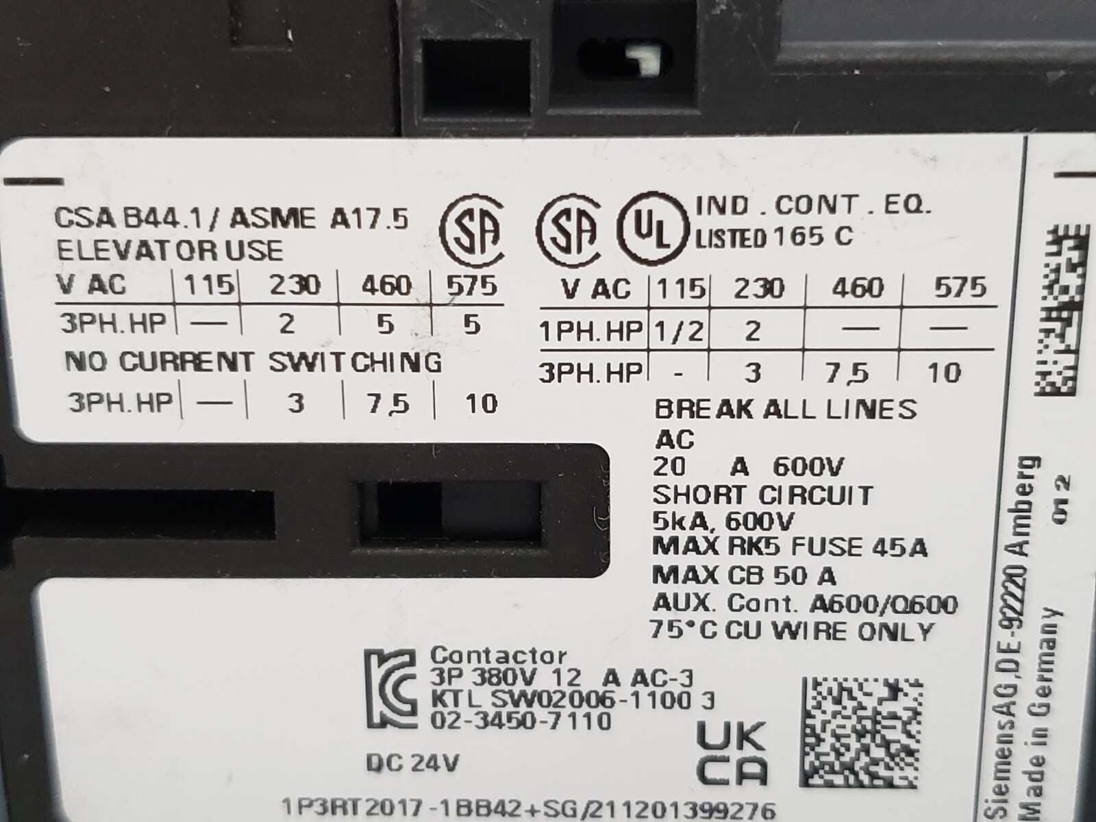 SIEMENS 3RT2017-1BB42 CONTACTOR 24VDC COIL NNB