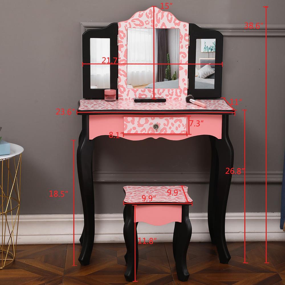 Kids Vanity Set Table and Stool with Drawer Dressing Mirror Pink Girls Gifts