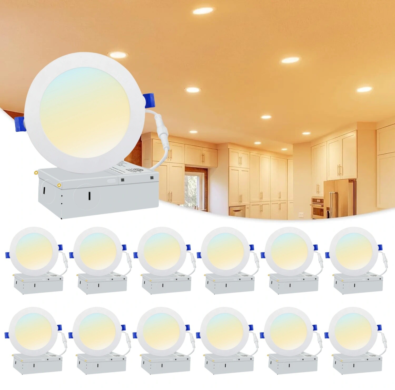 6 Pack / 12 Pack 6 Inch LED Recessed Light with 3CCT - Canless Ultra Thin Wafer
