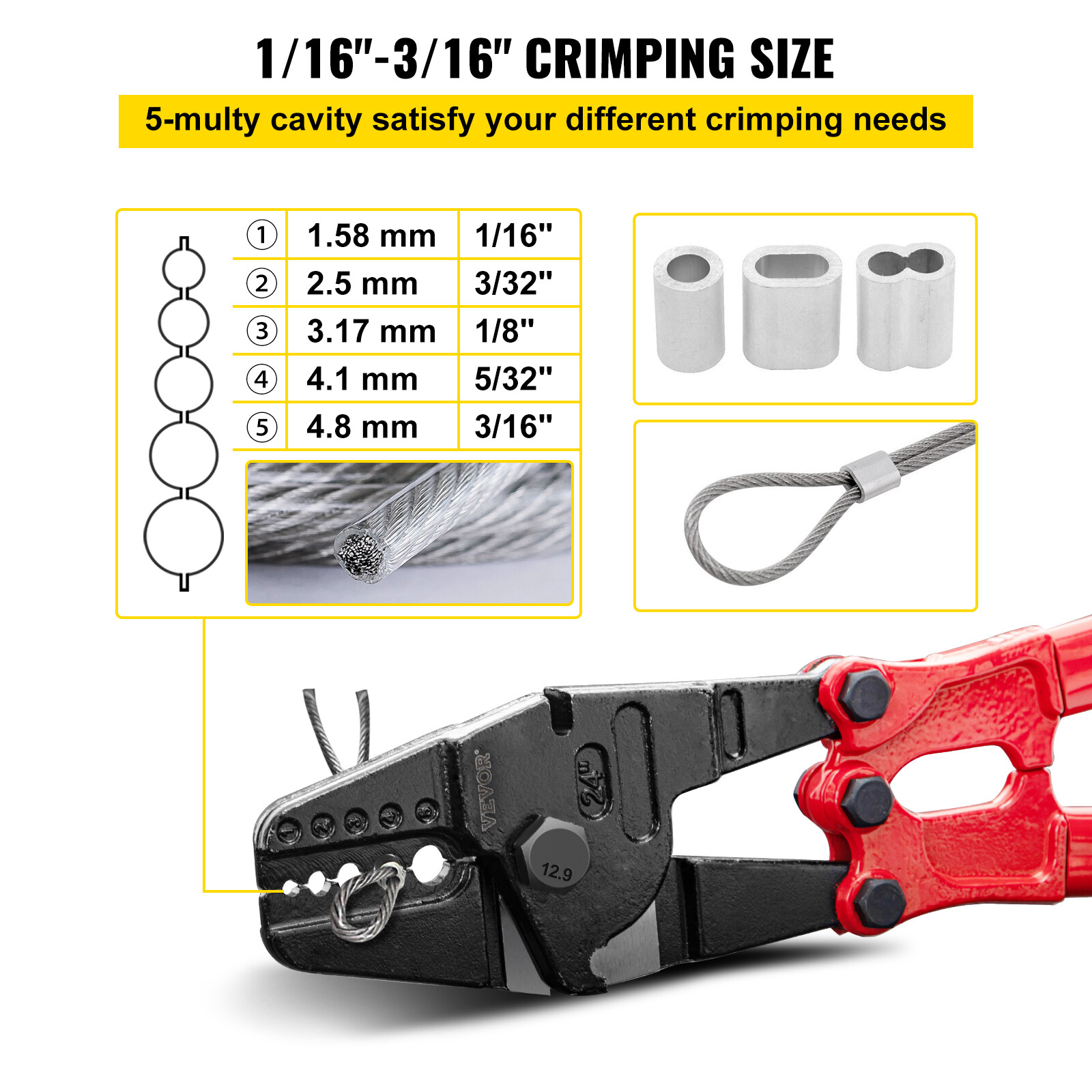 24'' Hand Swager Swaging Crimping Tool for Wire Rope Cable Swage 1/16''- 3/16''