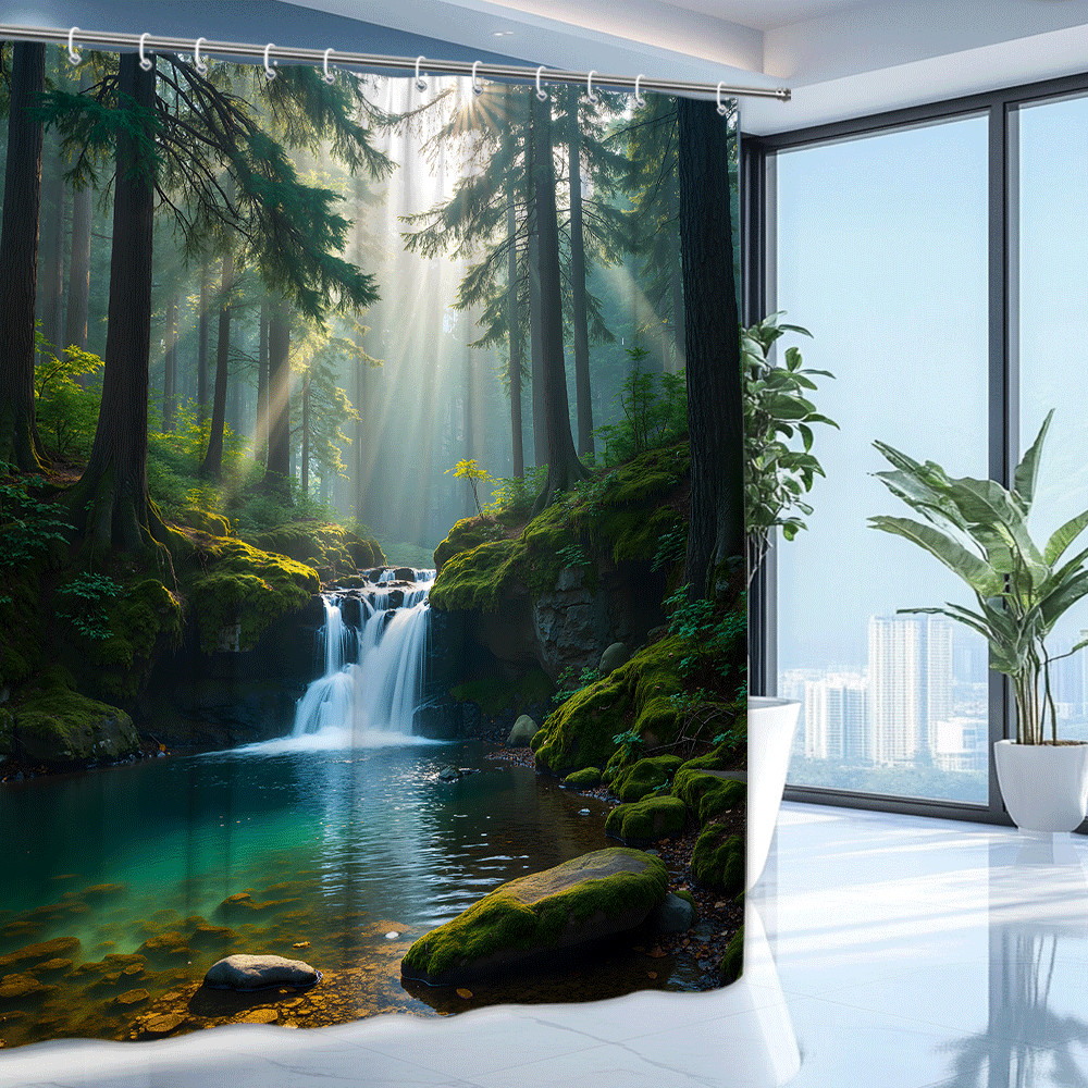 Forest Waterfall Shower Curtain Nature Scenic Green Woodland Stream