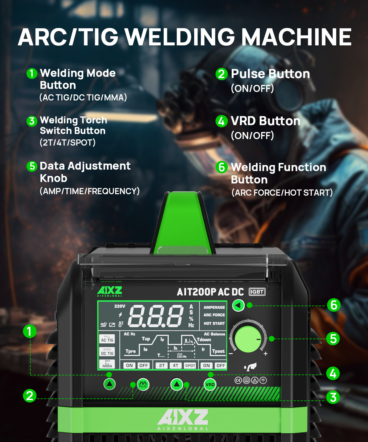 AIXZ 200A ACDC TIG Welder 110V 220V Aluminum TIG Pulse Spot MMA Welding Machine