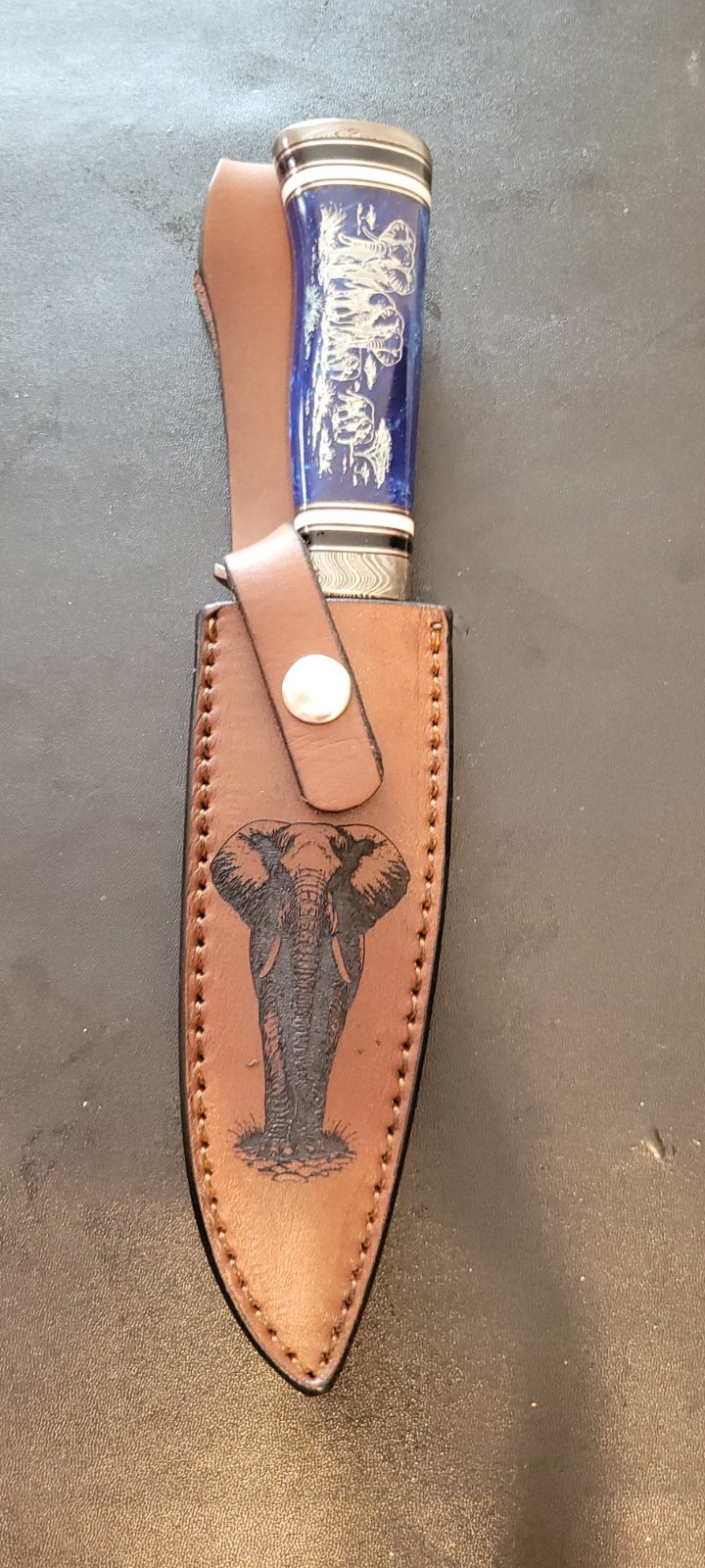 Impact Cutlery Custom Damascus Hunting Knife Engraved Blue Resin handle- 2399