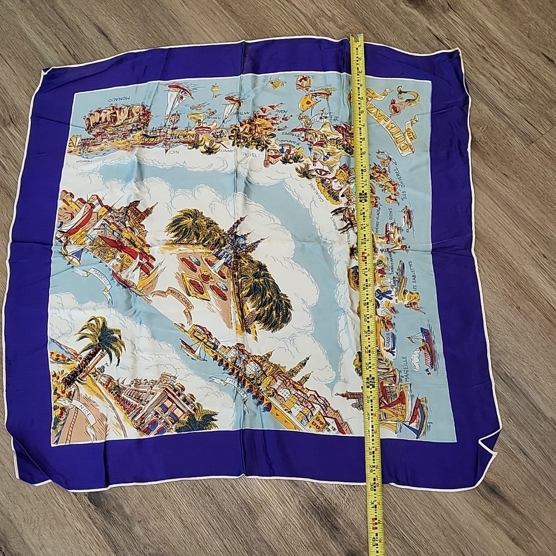 Vtg 50s/60s Côte d'Azur Silk Souvenir Scarf - French Riviera Map Mermaid 30"