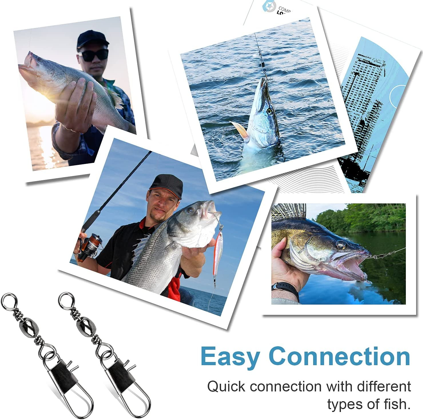 200PCS Fishing Rolling Ball Bearing Barrel Swivel with Safety Snap Conne