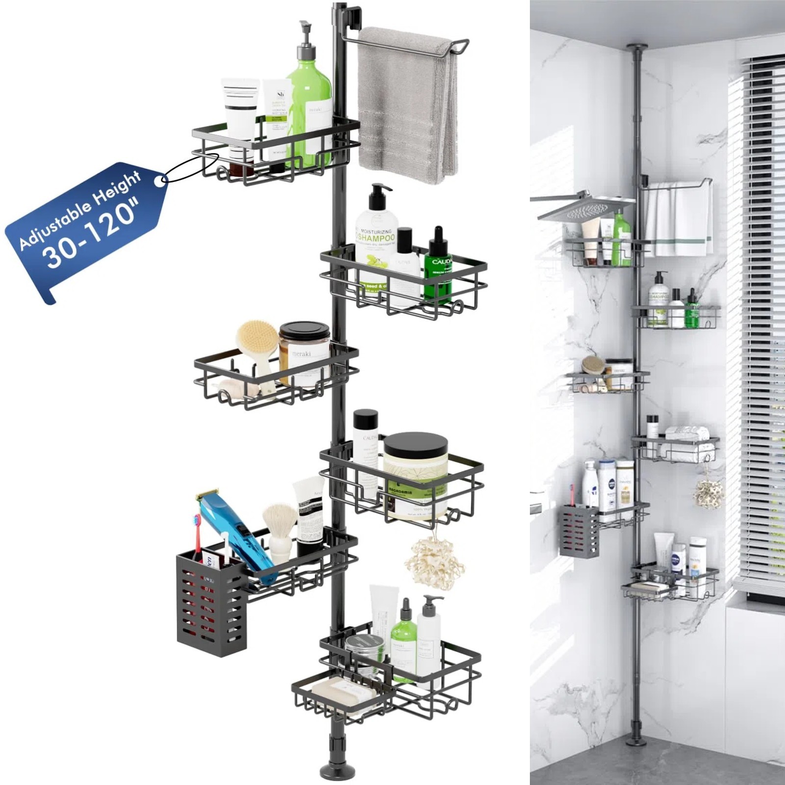 7-Tier Shower Caddy Organizer Tension Pole, Rustproof Corner Shelf for Bathroom