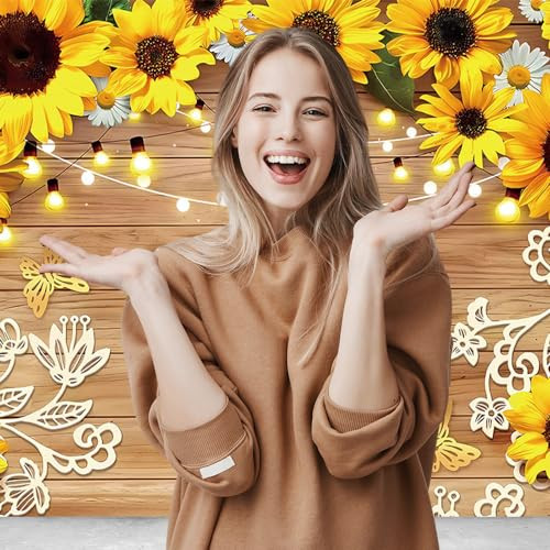 Yongqian 7x5ft Rustic Sunflower Photography Backdrop Farmhouse Floral Wooden