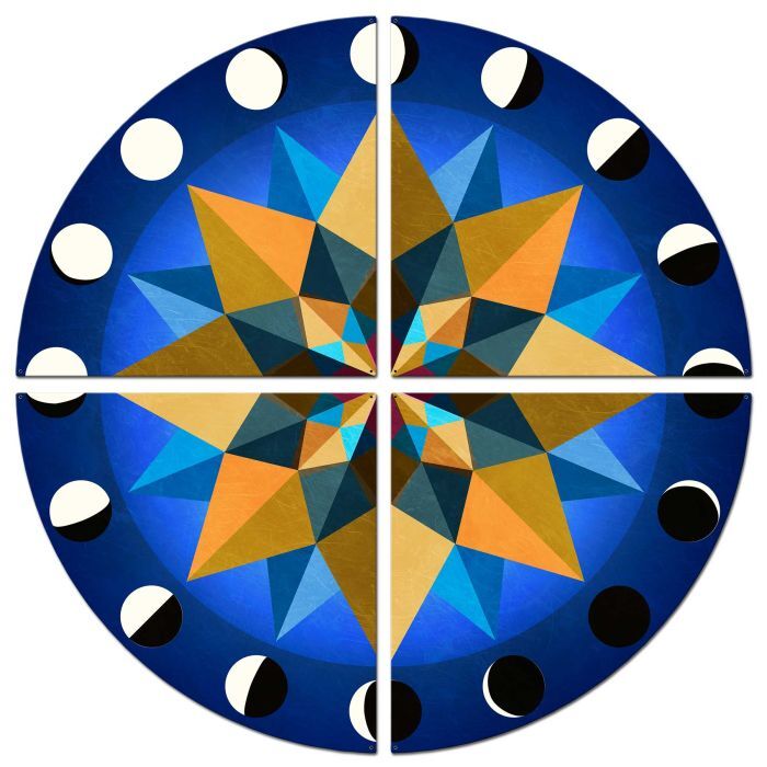 Barn Quilt Sign, 16 Point Star Blue Earth Tones, Hex Round Metal Sign 6 Sizes
