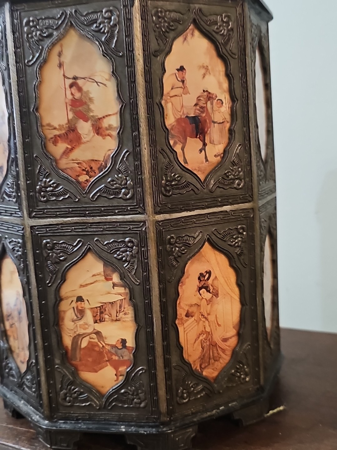 Antique Pewter Tea Caddy Canister w/ 18 Glass Scenes Reverse Painted Panels LAMP