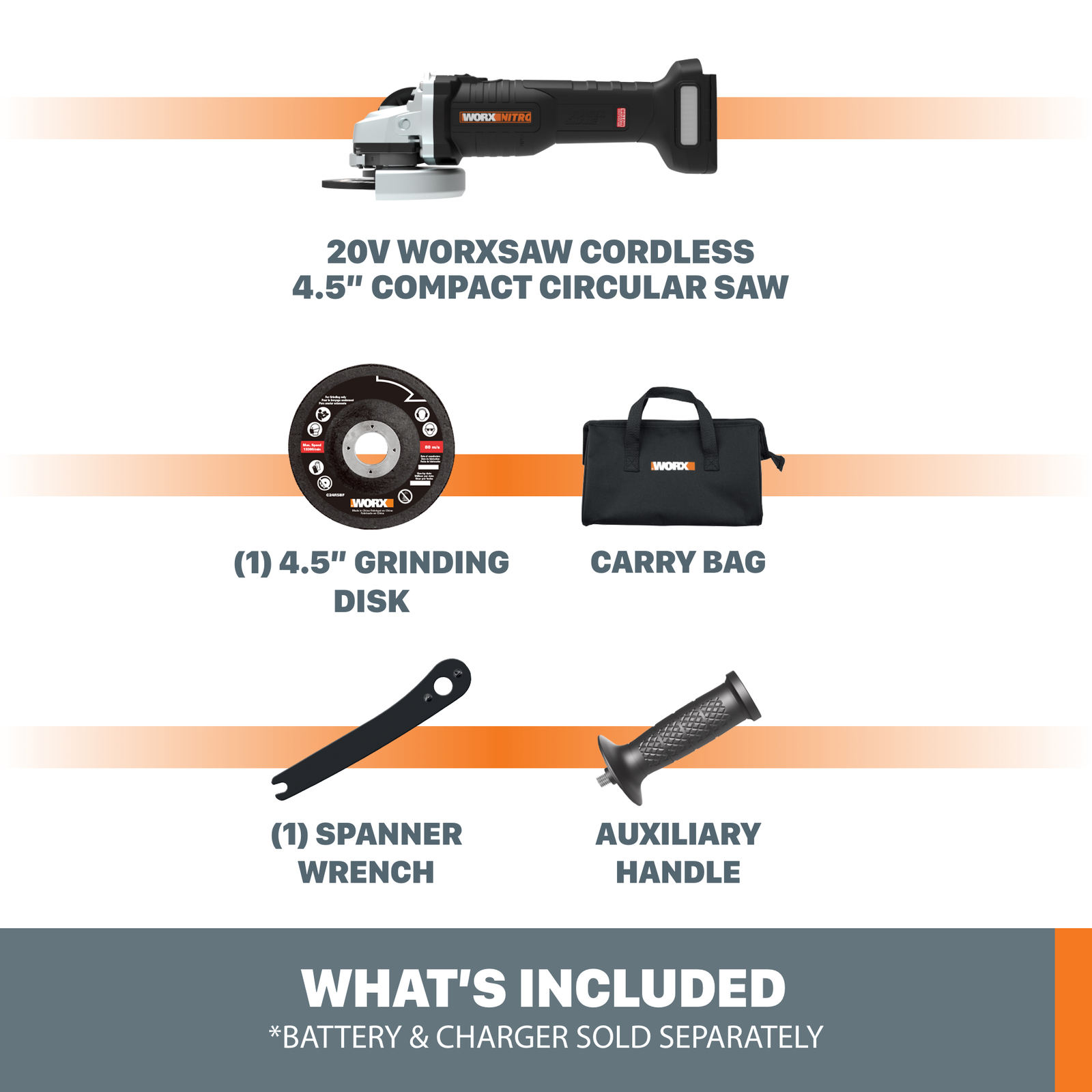 WX812L.9 Worx 20V Powershare 4 1/2" Angle Grinder w/ Brushless Motor - Tool Only
