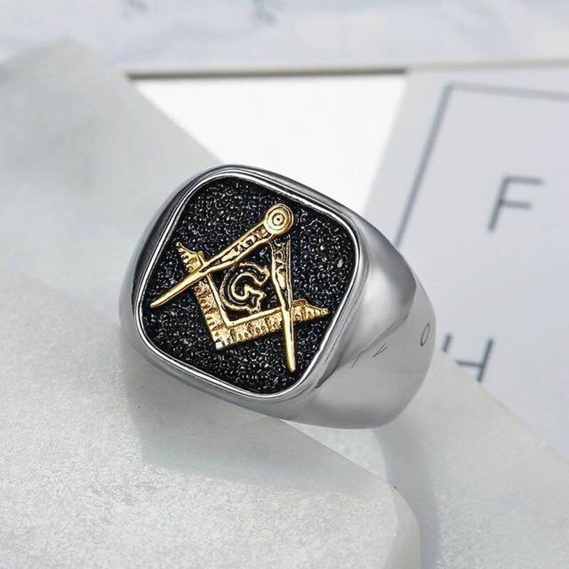 MENDEL Mens Stainless Steel Gold Plated Freemason Masonic Ring Silver Size 7-15