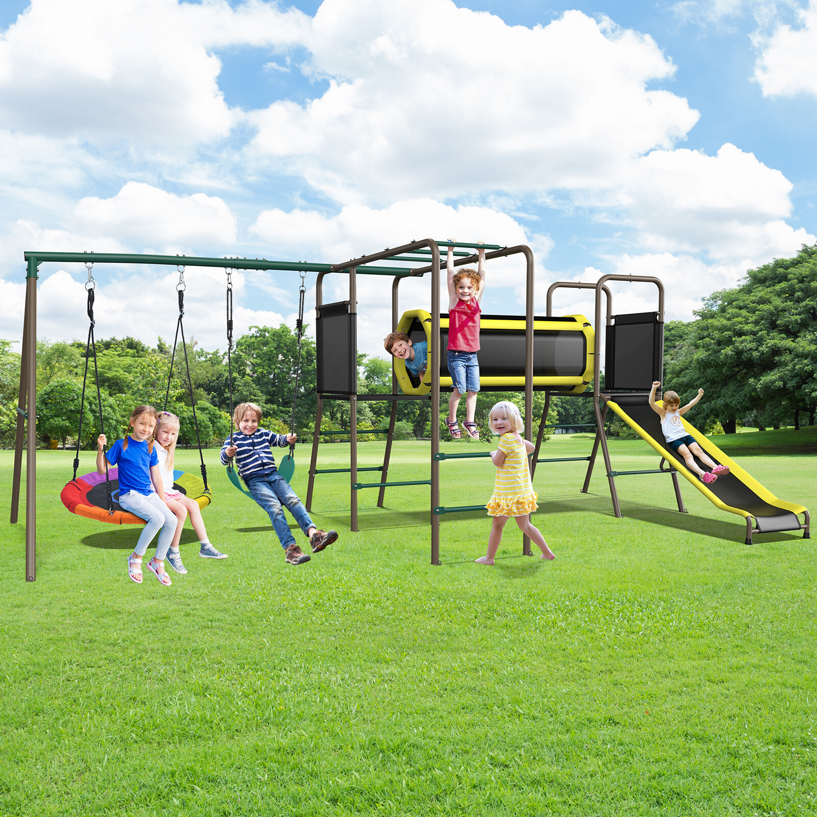 Metal Swing Set Playground Set with 2 Swing, Monkey Bar, Climbing Ladder & Slide