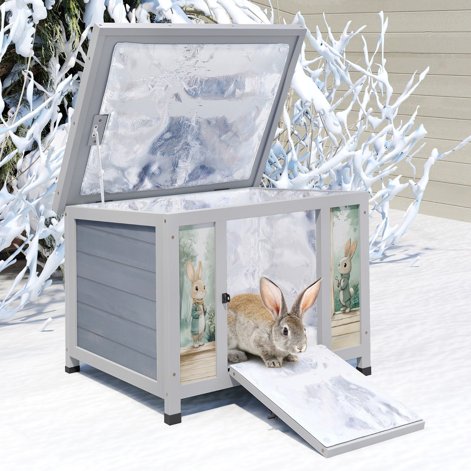 Heated Cat House Outdoor Indoor - 24in Insulated Rabbit Cage w/ Warm Liner