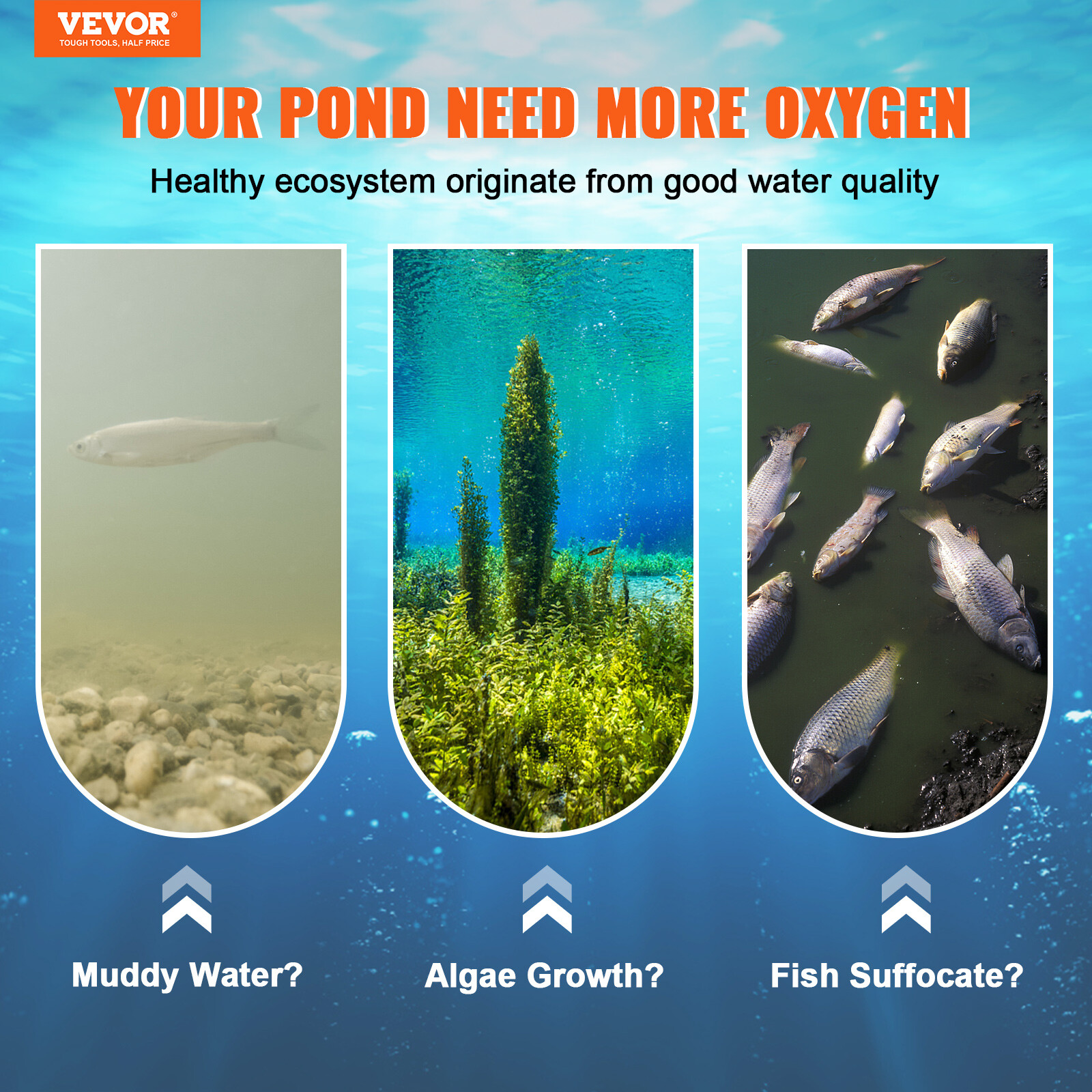 VEVOR 3/4HP Pond Aerator Pump Lake Pond Aeration System 550W 3 Acre w/ timer