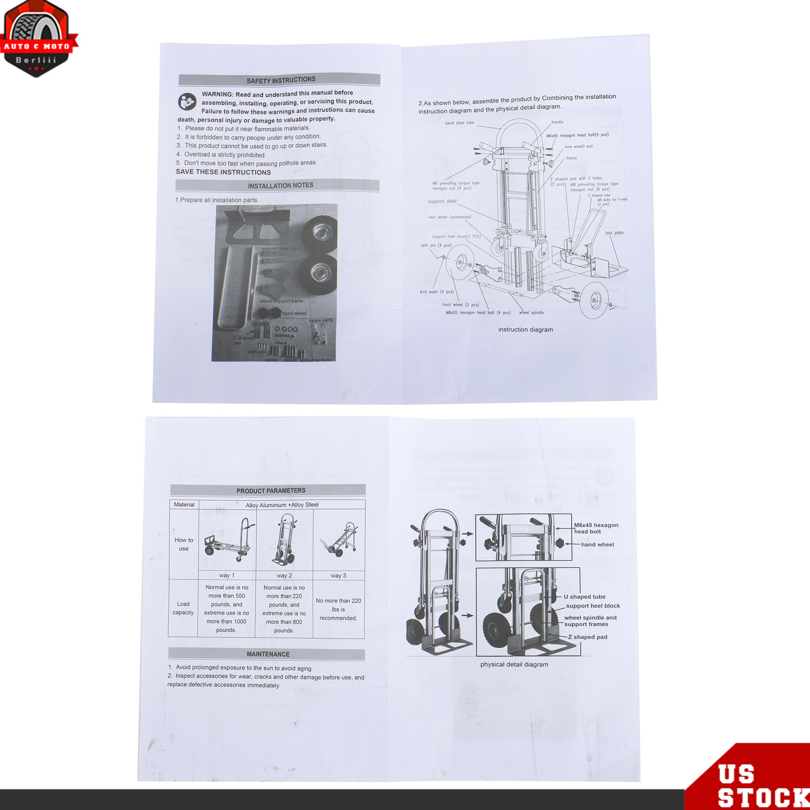 1000 Lbs Capacity Aluminum Convertible Hand Truck 4-in-1 Heavy Duty Dolly Cart
