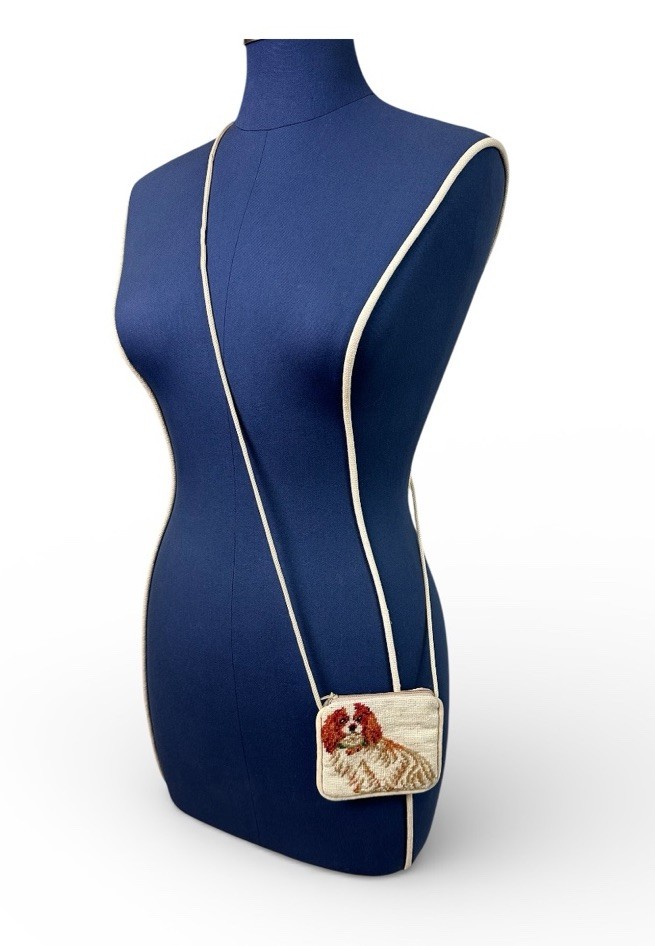 Vintage Needlepoint Cavalier King Charles Spaniel Crossbody Bag Purse