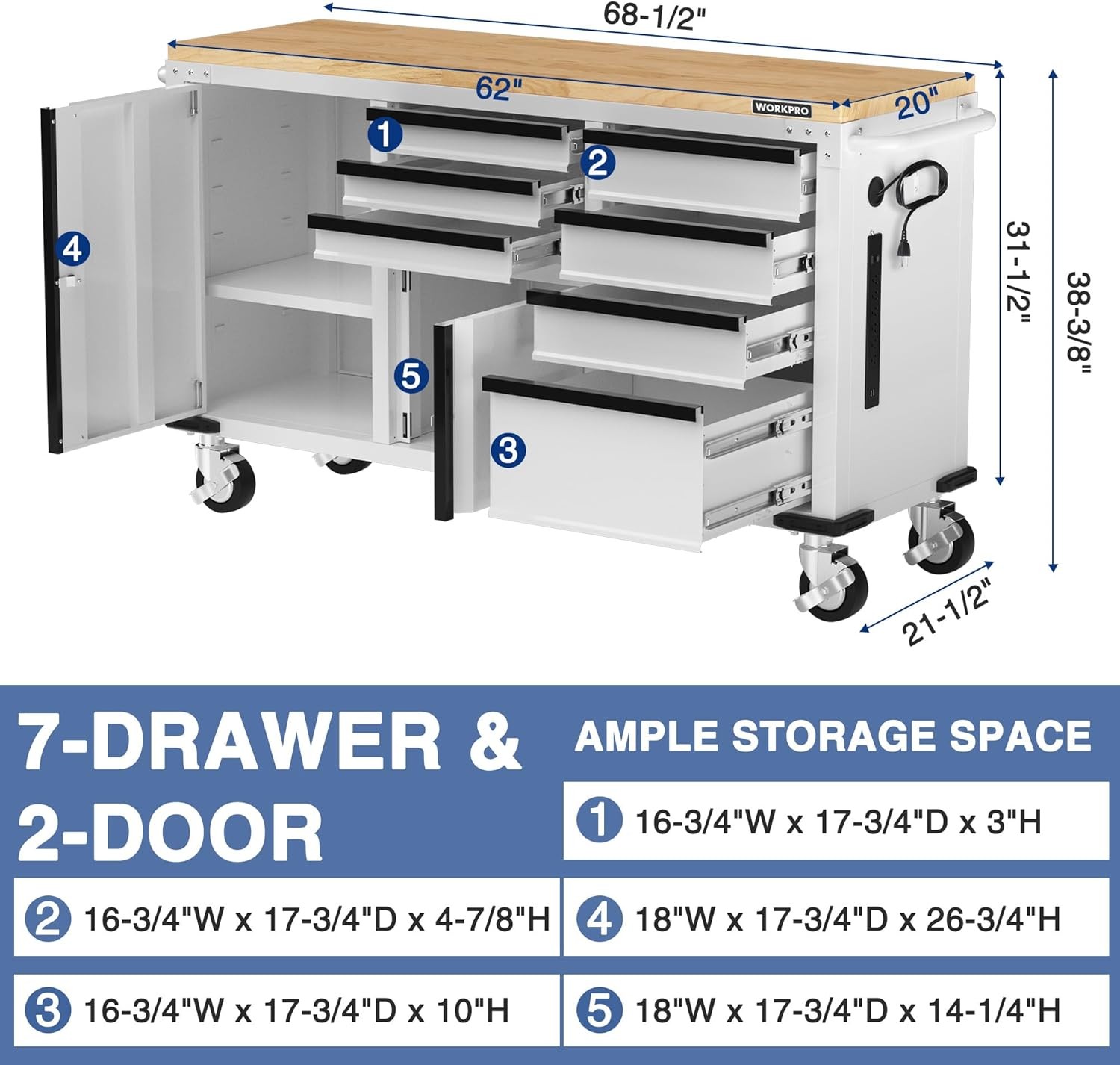 WORKPRO 62" 7-Drawers Rolling Tool Chest Heavy Duty Mobile Tool Storage Cabinets