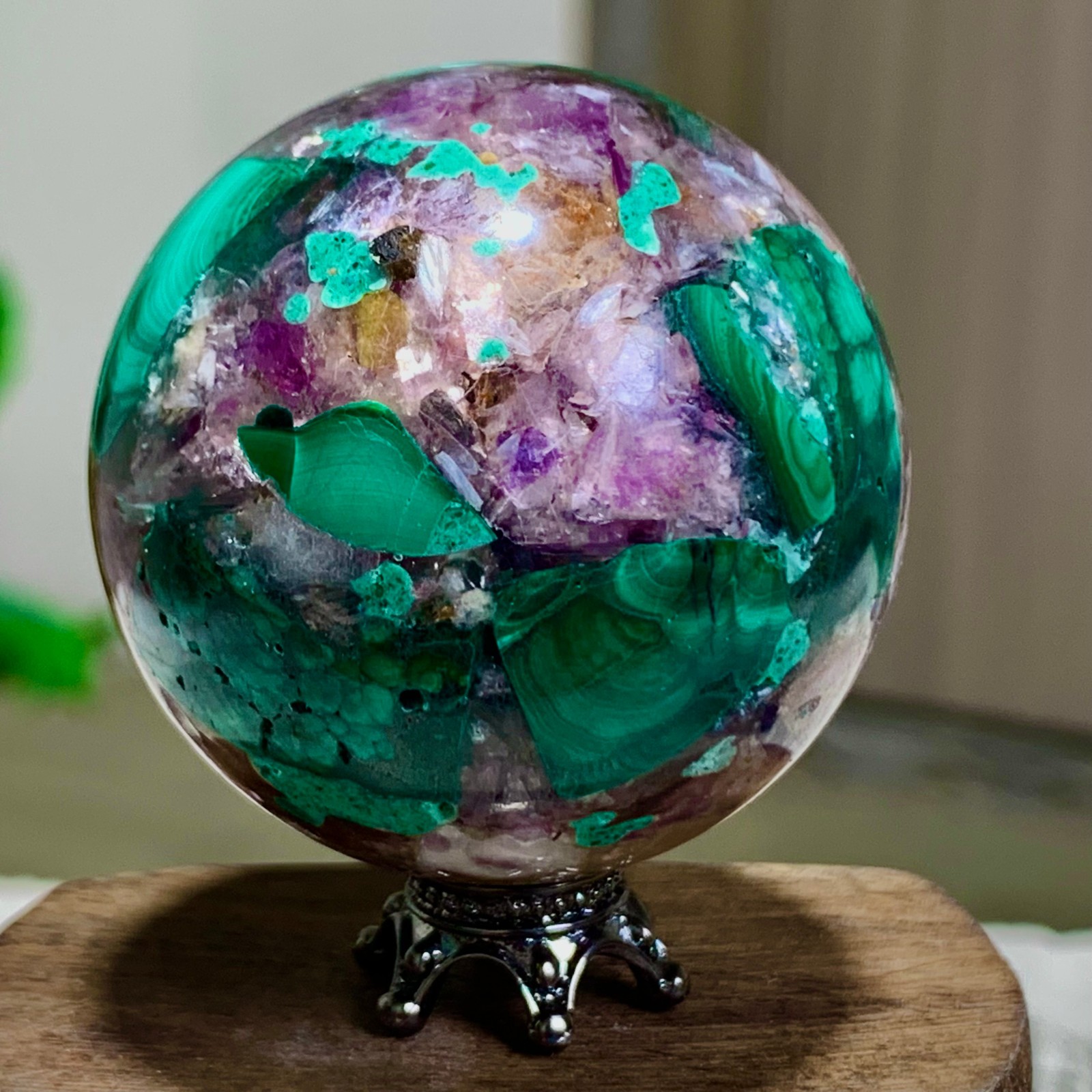102G Newly discovered rare malachite purple mica symbiotic sphere restoration