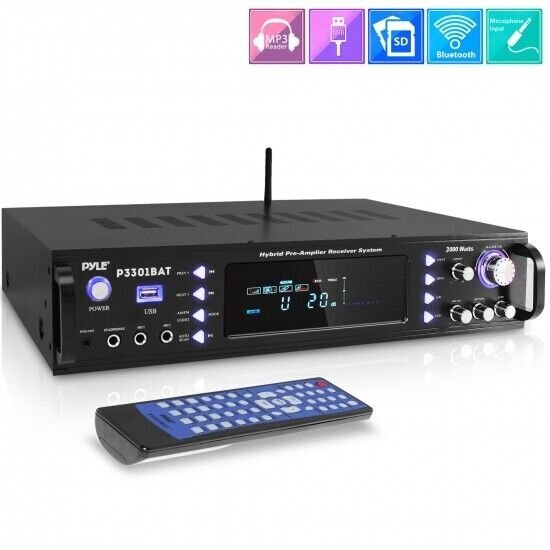 Pyle Hybrid Amplifier Receiver, 3000W / AUX,USB,RCA Inputs - Black P3301BAT