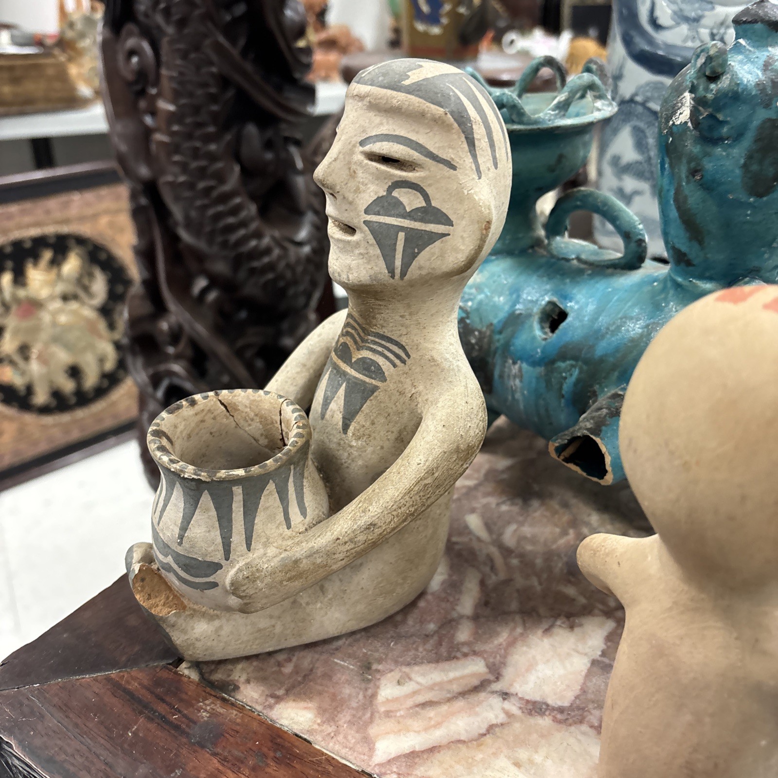 Late 1800s - Very Early 1900s Tesuque Pueblo Pottery Rain God 2 Pieces