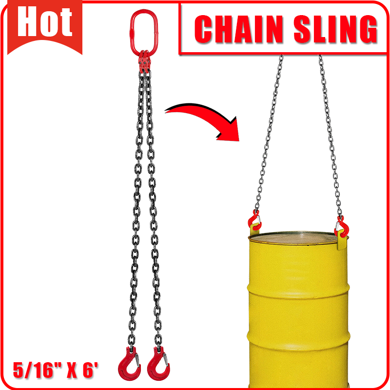 One 5/16" x 6' G80 Chain Lifting Sling 2 Legs 3T/6600lbs Capacity w/Grab Hooks