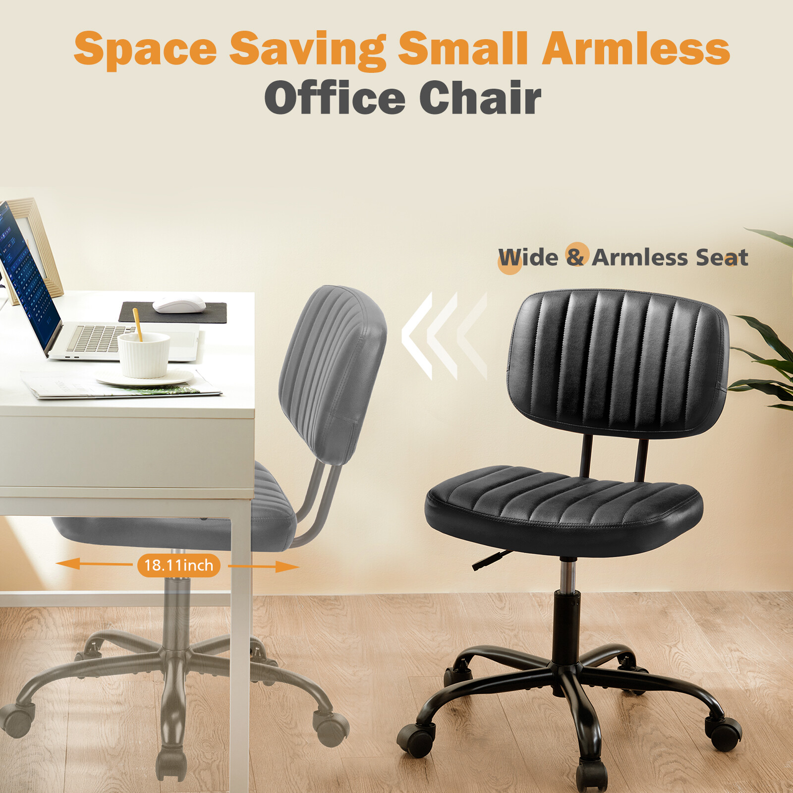 Armless Office Desk Chair with PU Leather Swivel Chair Small Chair with Wheels