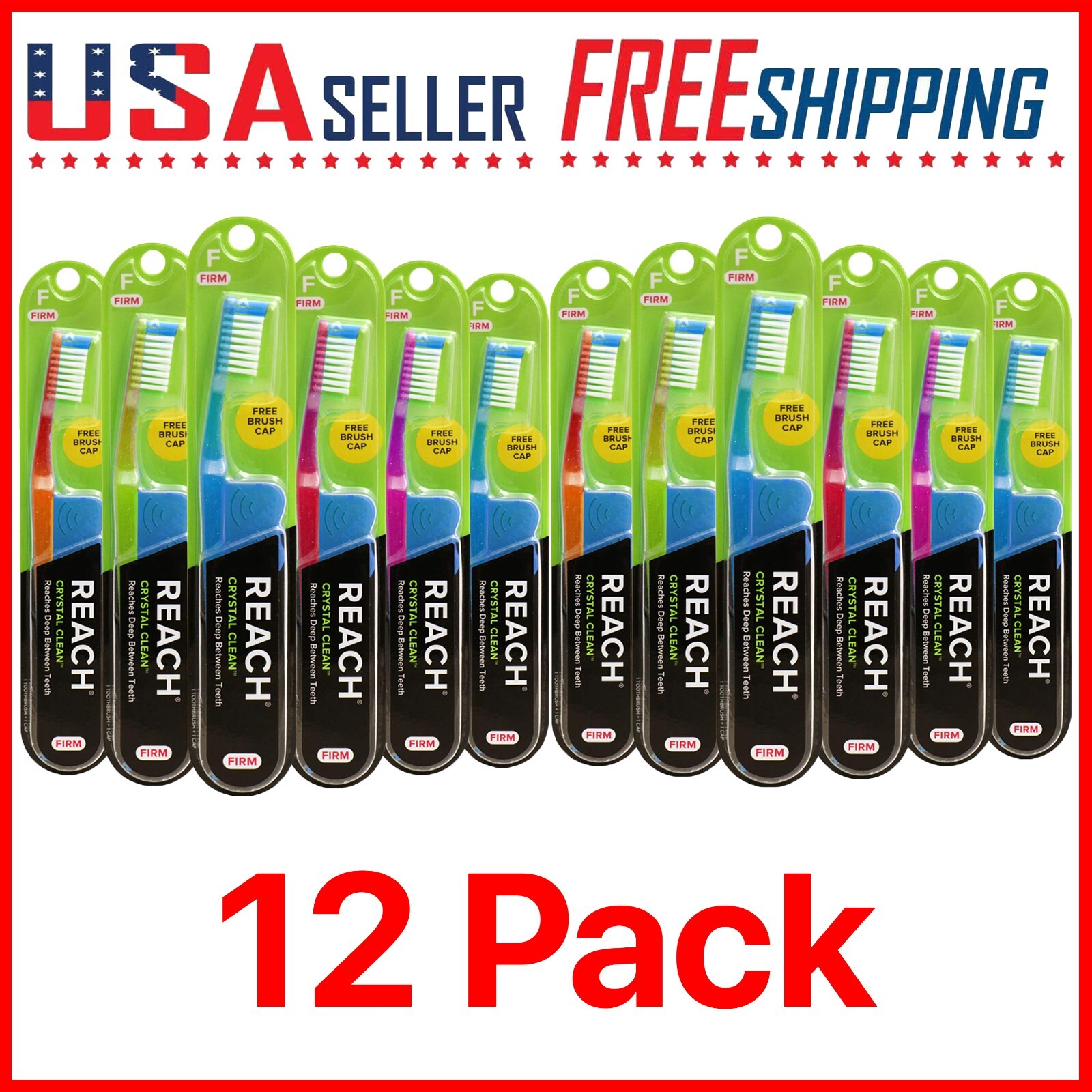 Reach Crystal Clean Toothbrush FIRM x 12 Pack with Free Travel Cap Firm Bristles