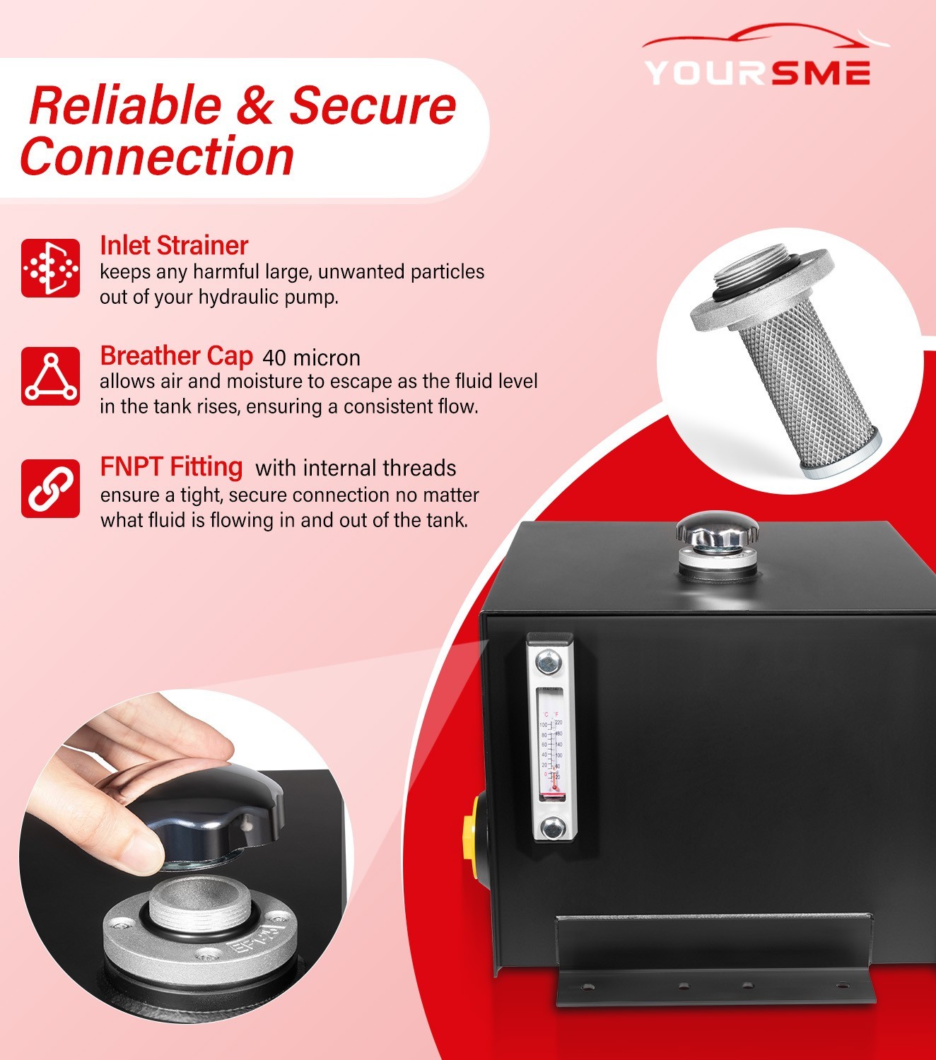 7-Gallon Hydraulic Fluid Reservoir Tank w/Temp Gauge, Sight-Gauge & Breather