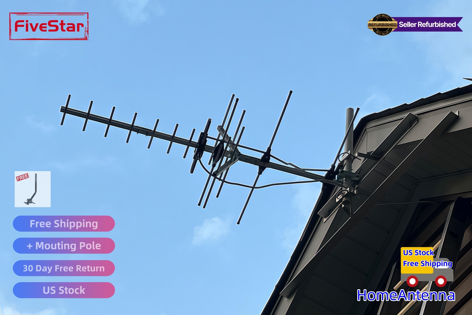 Yagi HD TV Antenna Attic or Roof Mount up to 200 Mile Range TV Antenna