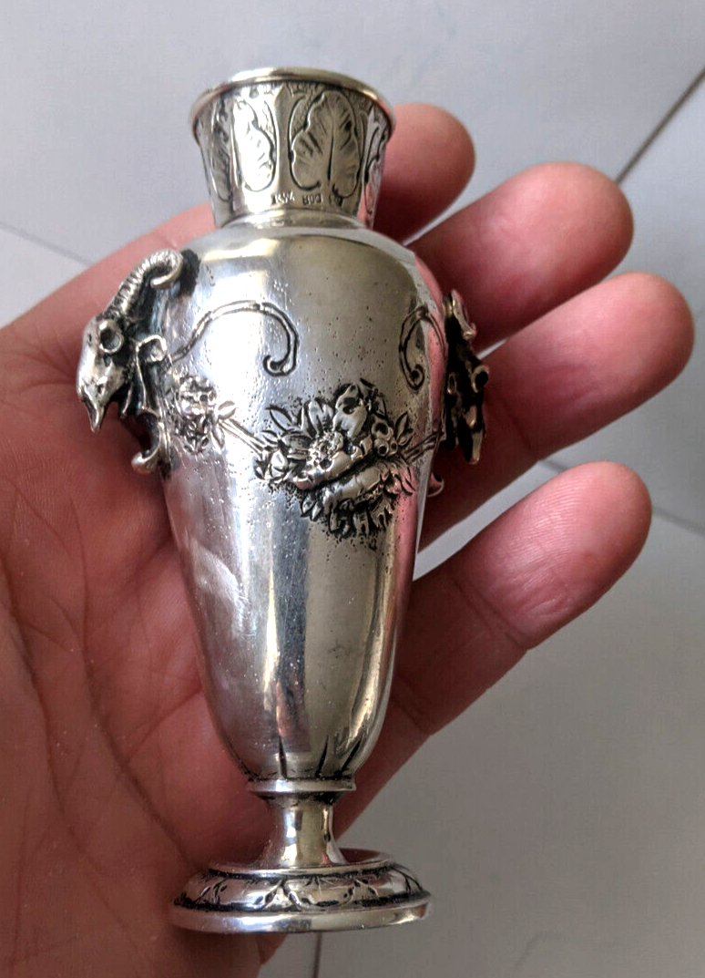 c.1900 Antique German Kaser & Walter 800 Silver Cabinet Vase. Applied Ram Skulls