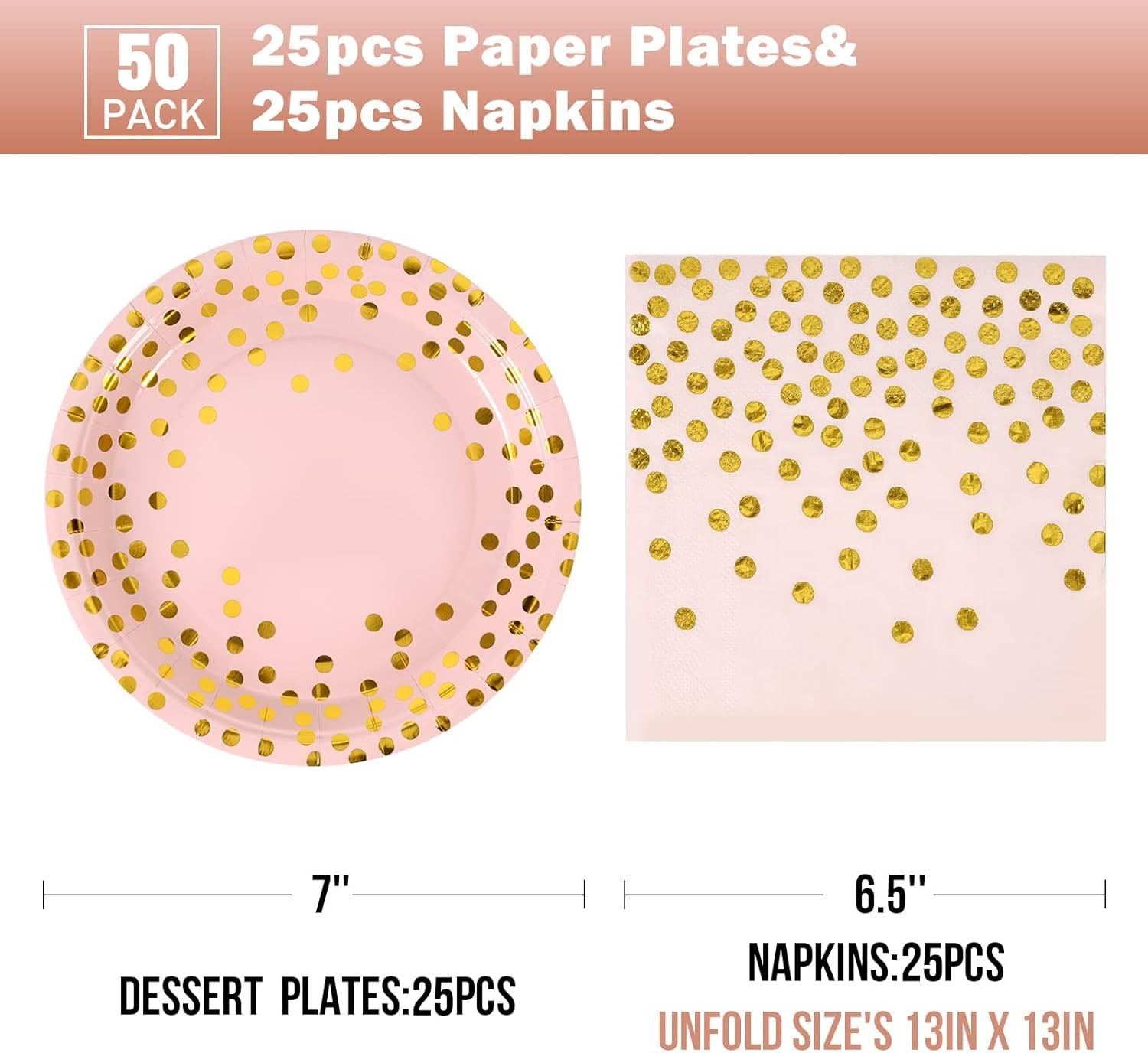 Elegant Pink Gold Party Plates with Napkins 50 Pack for All