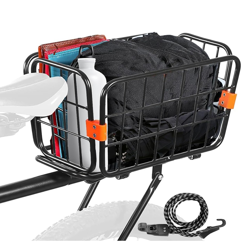 Rear Bike Rack with Basket Aluminum Alloy Adjustable Foldable Basket with Cord