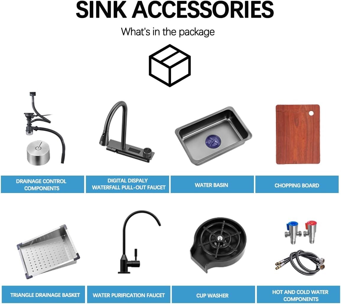 33x22 IN Flying Rain Stainless Steel Waterfall Kitchen Sink Digital Faucet Black