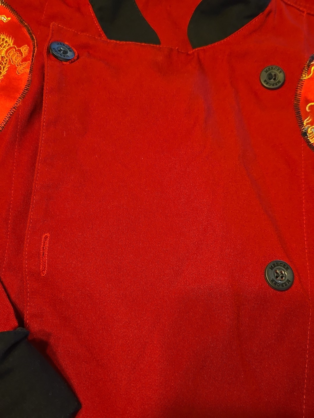 MERCER CULINARY Red Chef Jacket Coat Asian Dragon Cook Med RN# 142955 Used